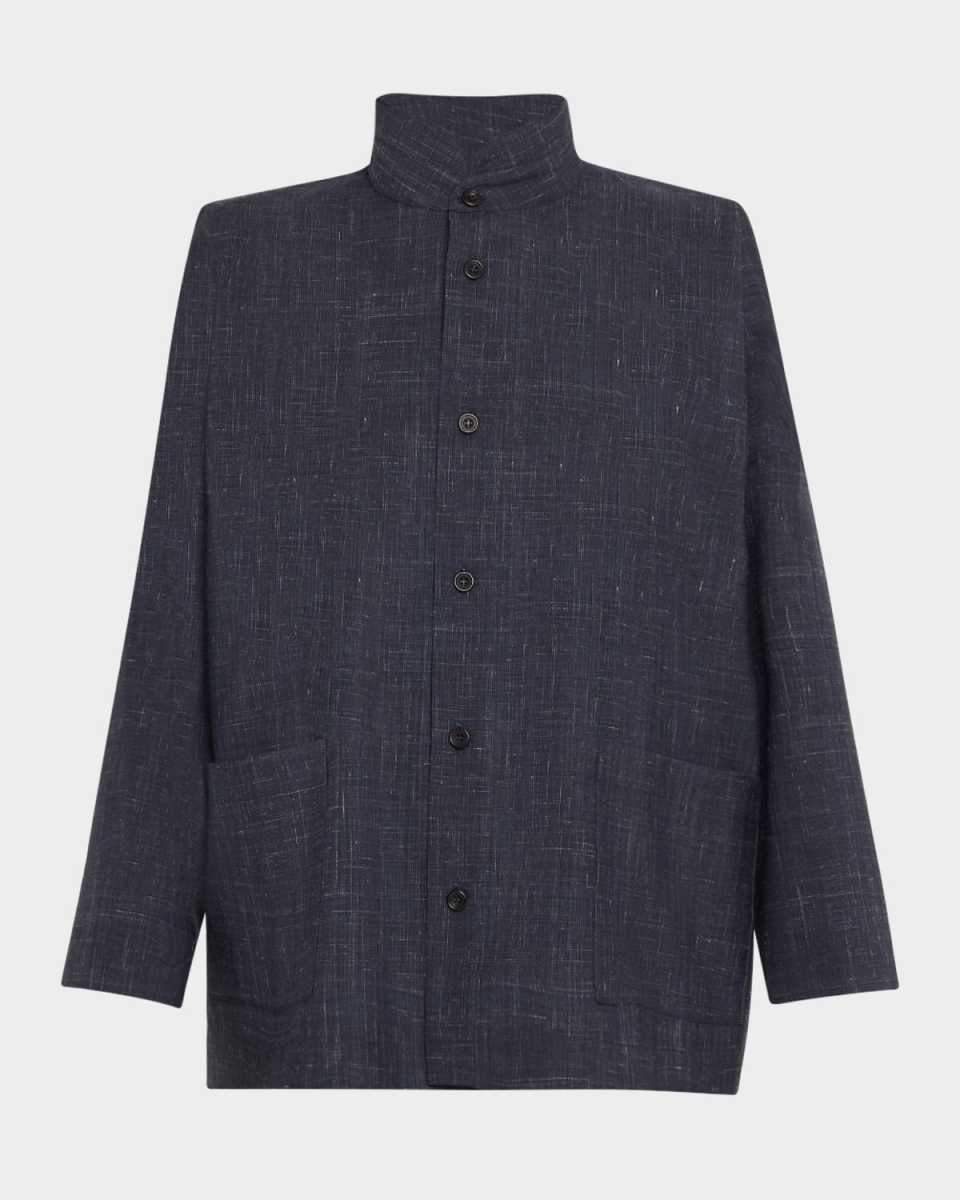 Wide Longer-Back Double Stand Collar Shirt Jacket (Mid Plus Length)